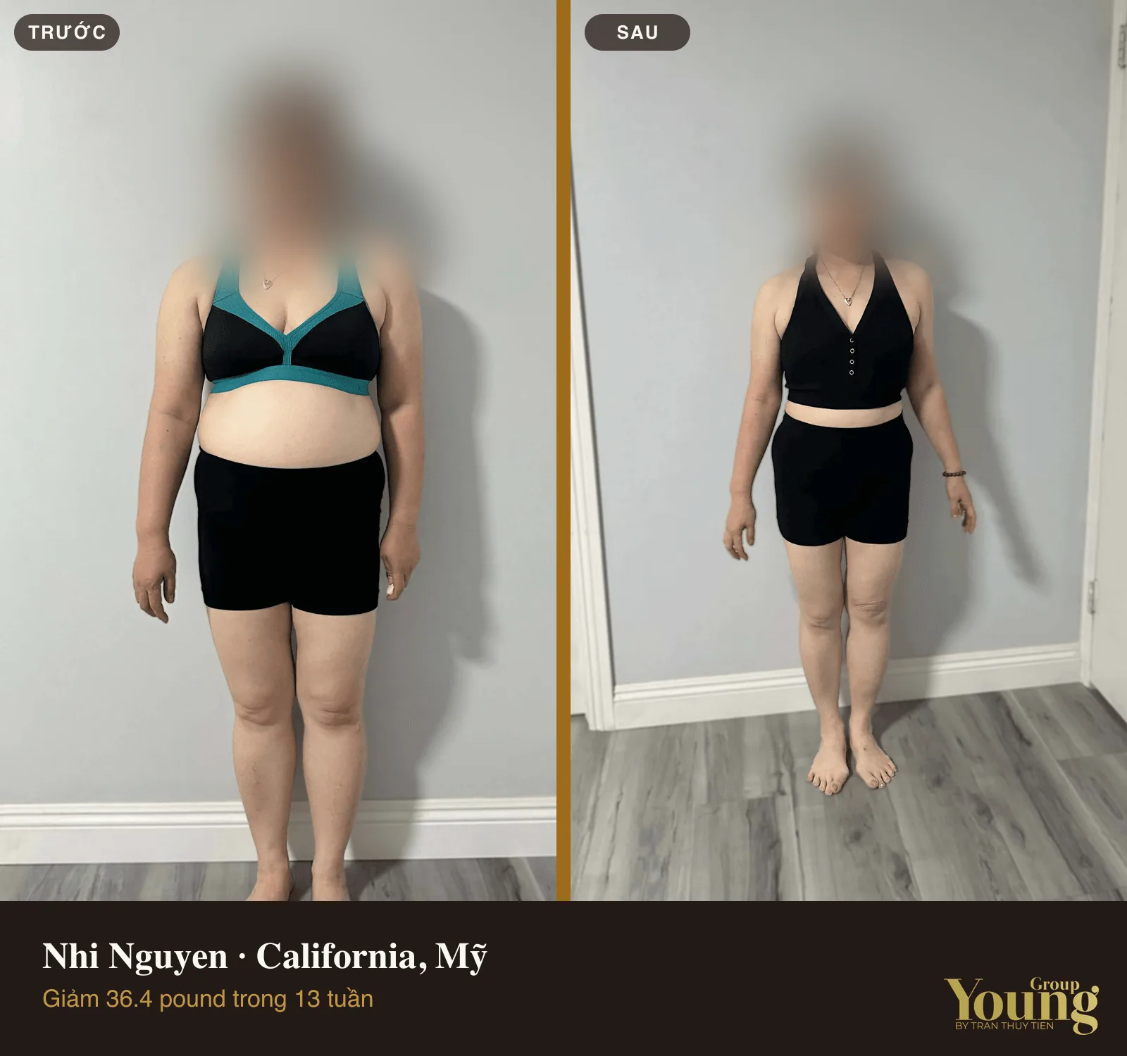 Chị Nhi Nguyen trước và sau khi giảm 36.4 pound (đã che mặt)